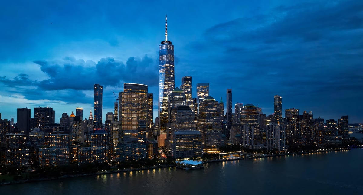Aerial skyline of New York City, United States, USA. NYC skyline. Panorama of New York. New York skyscrapers. Beautiful view in Manhattan, Empire State Building in NYC. The New York Times Building