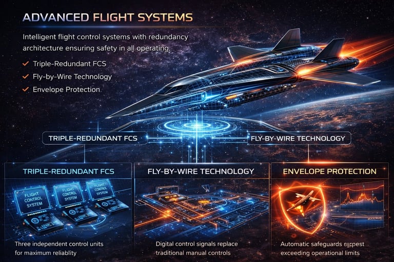 Advanced flight systems infographic showing aircraft with redundant FCS, fly-by-wire technology, and envelope protection features