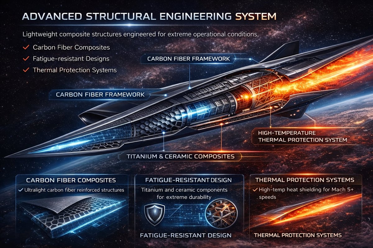 Advanced structural engineering system infographic showing cross-section of aerospace component with carbon fiber, titanium composites, and thermal protection systems labeled