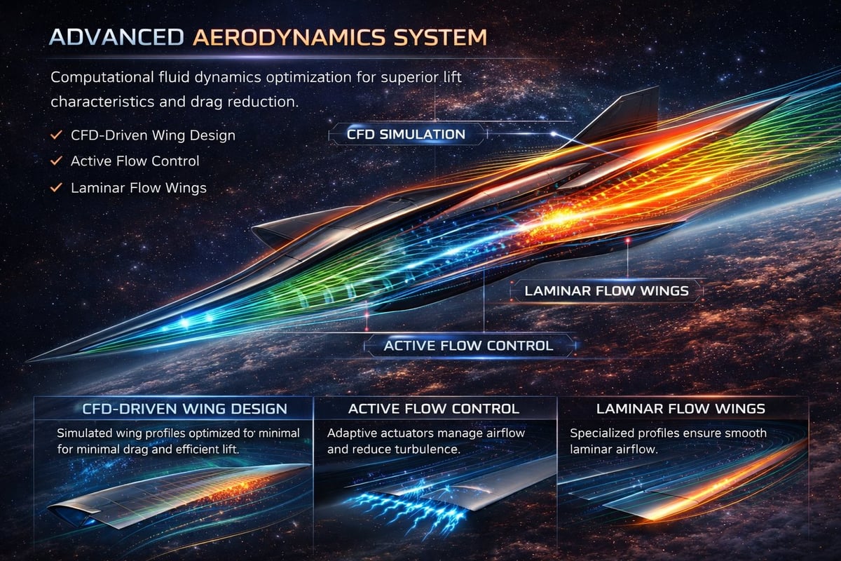 Advanced aerodynamics system diagram showing CFD simulation with wing design, laminar flow wings, and active flow control visualization