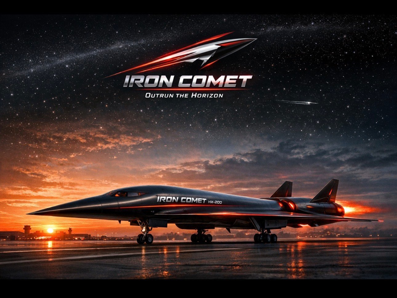 Sleek futuristic aircraft called Iron Comet on tarmac at sunset with glowing lights and starry sky above
