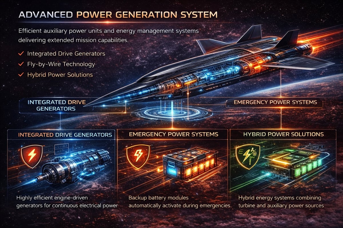 Advanced Power Generation System infographic showing integrated drive generators, emergency power systems, and hybrid power solutions for spacecraft
