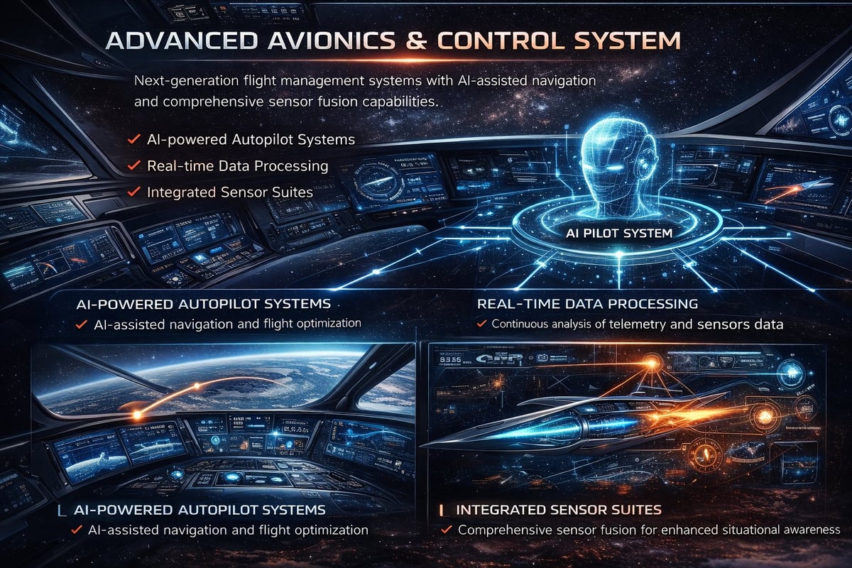 Advanced avionics interface showing AI-powered autopilot systems, real-time data processing, and integrated sensor suites for next-generation flight management