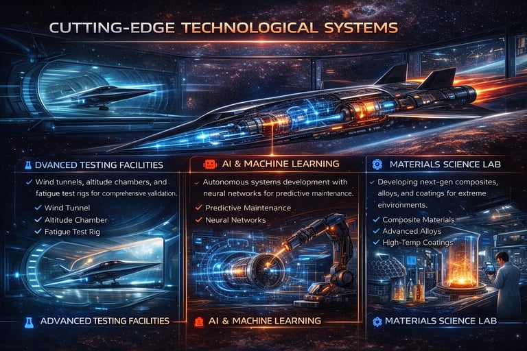 Infographic showing cutting-edge technological systems including advanced testing facilities, AI and machine learning capabilities, and materials science lab with futuristic aircraft designs
