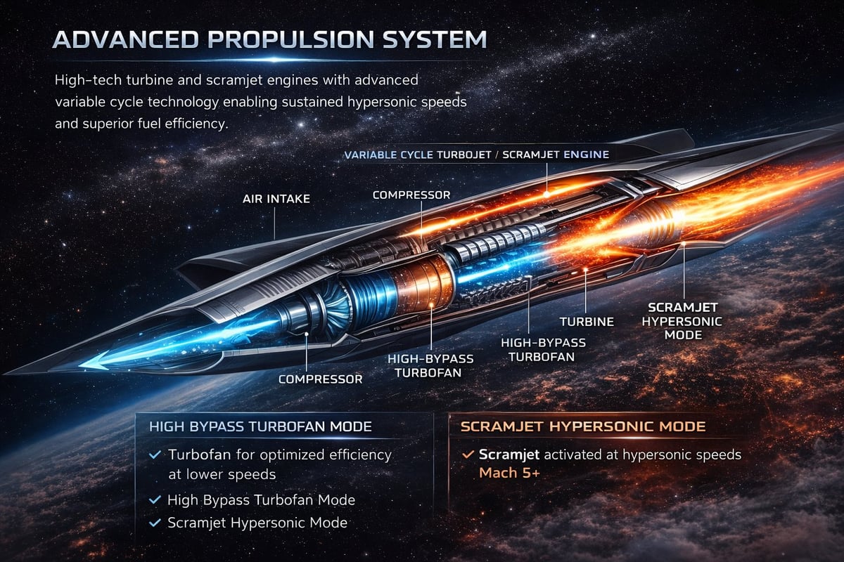 Diagram of advanced propulsion system showing variable cycle turbofan and scramjet engine components with operating modes for hypersonic flight