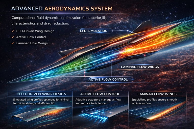 Advanced aerodynamics system diagram showing CFD simulation, laminar flow wings, and active flow control technologies for aircraft wing design optimization